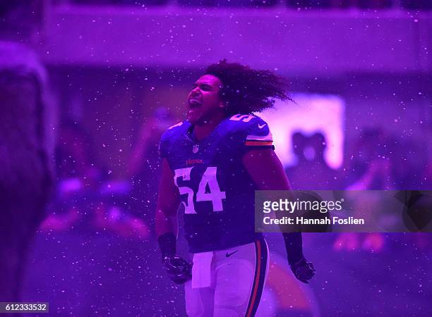 Eric Kendricks of the Minnesota Vikings takes the field before the game against the New York Giants on October 3, 2016 at US Bank Stadium in...