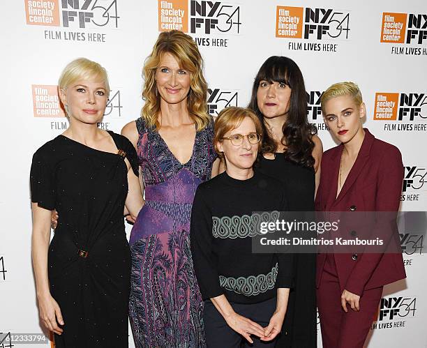 Actors Michelle Williams, Laura Dern, Lily Gladstone and Kristen Stewart pose with Director Kelly Reichardt at the "Certain Women" premiere during...