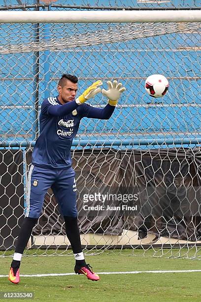 Sergio Romero goalkeeper of Argentina makes a save during a training session at Alberto Gallardo Stadium on October 03, 2016 in Lima, Peru.