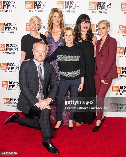 Actors Jared Harris, Michelle Williams, Laura Dern, Lily Gladstone and Kristen Stewart pose with Director Kelly Reichardt attend the 'Certain Women'...