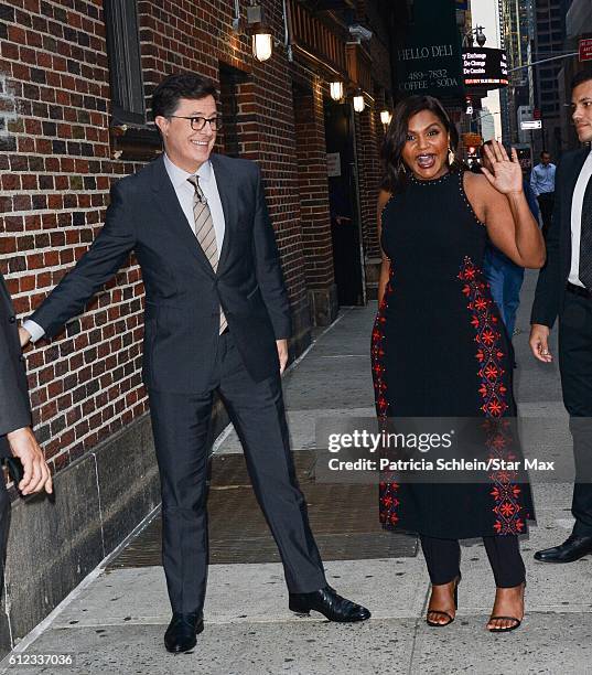 Actress Mindy Kaling and Stephen Colbert are seen on October 3, 2016 in New York City.