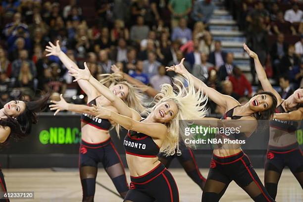 The Toronto Raptors dance team performs against the Denver Nuggets on October 3, 2016 at the Scotiabank Saddledome in Calagary, Alberta, Canada. NOTE...