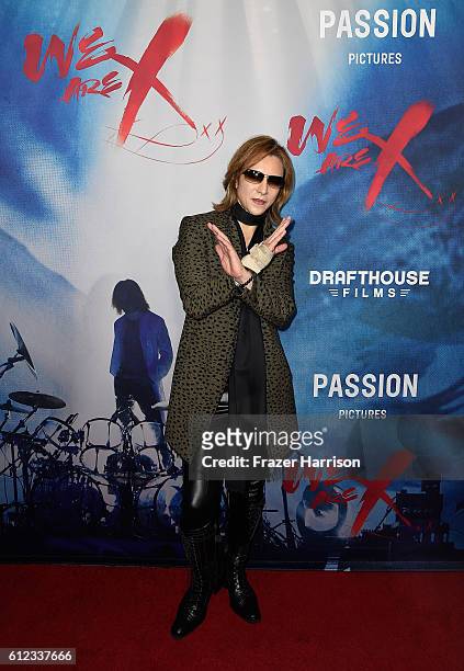 Musician Yoshiki attends the premiere of Drafthouse Films' "We Are X" at TCL Chinese Theatre on October 3, 2016 in Hollywood, California.