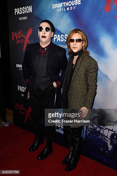 Musicians Marilyn Manson and Yoshiki attend the premiere of Drafthouse Films' "We Are X" at TCL Chinese Theatre on October 3, 2016 in Hollywood,...