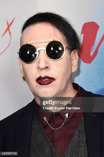 Musician Marilyn Manson attends the premiere of Drafthouse Films' "We Are X" at TCL Chinese Theatre on October 3, 2016 in Hollywood, California.