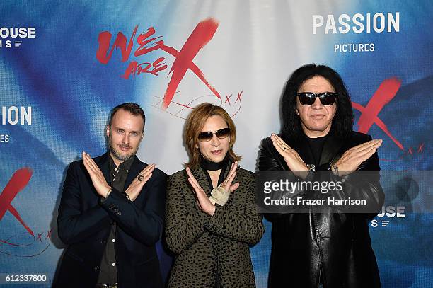 Director Stephen Kija and musicians Yoshiki and Gene Simmons attend the premiere of Drafthouse Films' "We Are X" at TCL Chinese Theatre on October 3,...