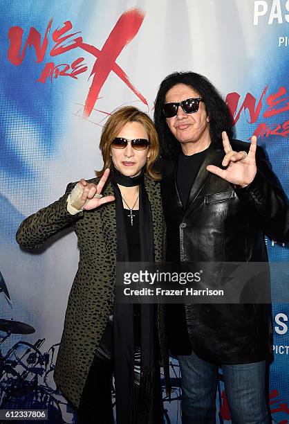 Musicians Yoshiki and Gene Simmons attend the premiere of Drafthouse Films' "We Are X" at TCL Chinese Theatre on October 3, 2016 in Hollywood,...