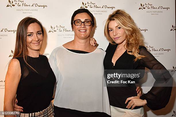 Emmanuelle Boidron, Virginie Roux and Lola Marois attend Maison Au Pays De La Fleur d'Oranger Perfume Launch Cocktail at Hotel Lancaster on October...