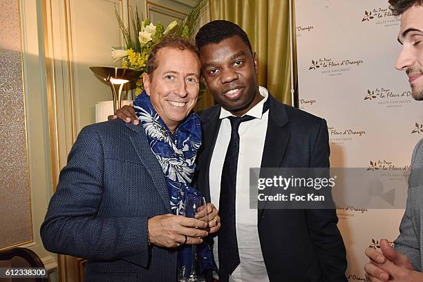 Franck Clere and Jean Barthelemy Bokassa attend Maison Au Pays De La Fleur d'Oranger Perfume Launch Cocktail at Hotel Lancaster on October 3, 2016 in...