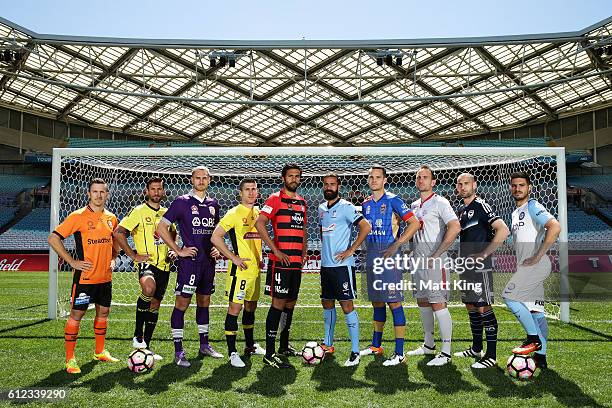 Brisbane Roar captain Matt McKay, Vince Lia of Wellington Phoenix, Roslyn Griffiths of Perth Glory , Central Coast Mariners captain Nick Montgomery,...