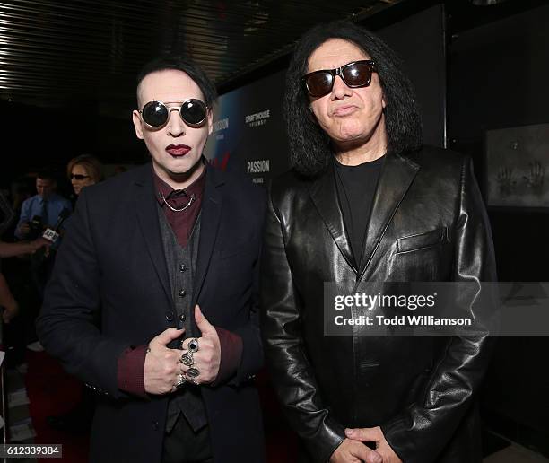 Marilyn Manson and Gene Simmons attend the Premiere Of Drafthouse Films' "We Are X" at TCL Chinese Theatre on October 3, 2016 in Hollywood,...