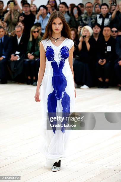 Model walks the runway during the Celine designed by Phoebe Philo show as part of the Paris Fashion Week Womenswear Spring/Summer 2017 on October 2,...