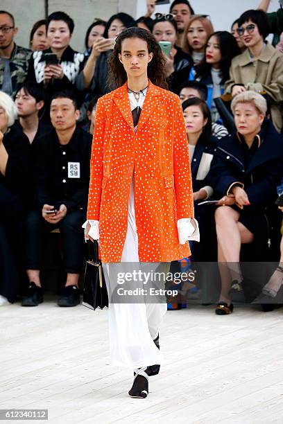 Model walks the runway during the Celine designed by Phoebe Philo show as part of the Paris Fashion Week Womenswear Spring/Summer 2017 on October 2,...