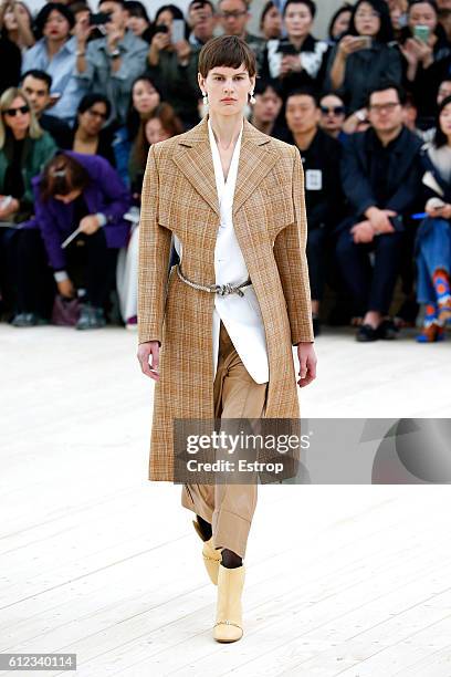 Model walks the runway during the Celine designed by Phoebe Philo show as part of the Paris Fashion Week Womenswear Spring/Summer 2017 on October 2,...