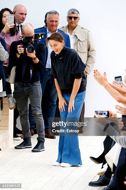 Designers Phoebe Philo walks the runway during the Celine designed by Phoebe Philo show as part of the Paris Fashion Week Womenswear Spring/Summer...