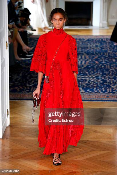 Model walks the runway during the Valentino designed by Pier Paolo Piccioli show as part of the Paris Fashion Week Womenswear Spring/Summer 2017 on...