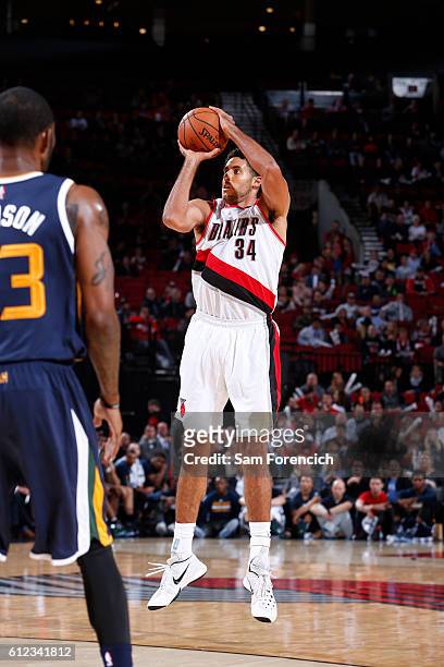 Grant Jerrett of the Portland Trail Blazers shoots the ball against the Utah Jazz during a preseason game on October 3, 2016 at the Moda Center in...