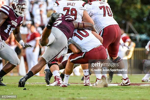 Mississippi State Bulldogs defensive lineman A.J. Jefferson with a sack of South Carolina Gamecocks quarterback Perry Orth during the Mississippi...
