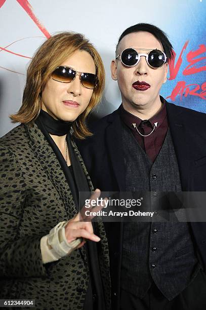 Yoshiki and Marilyn Manson attend the Premiere of Drafthouse Films' 'We Are X' at TCL Chinese Theatre on October 3, 2016 in Hollywood, California.