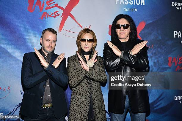 Stephen Kijak, Yoshiki and Gene Simmons attend the Premiere of Drafthouse Films' 'We Are X' at TCL Chinese Theatre on October 3, 2016 in Hollywood,...