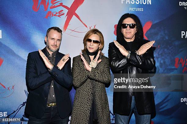 Stephen Kijak, Yoshiki and Gene Simmons attend the Premiere of Drafthouse Films' 'We Are X' at TCL Chinese Theatre on October 3, 2016 in Hollywood,...