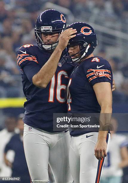 Chicago Bears Place Kicker Connor Barth [10702] with holder Pat O'Donnell [11930] after a made field goal during a NFL game between the Chicago Bears...