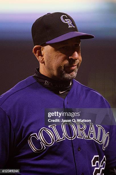 Walt Weiss of the Colorado Rockies returns to the dugout during the sixth inning against the San Francisco Giants at AT&T Park on September 29, 2016...