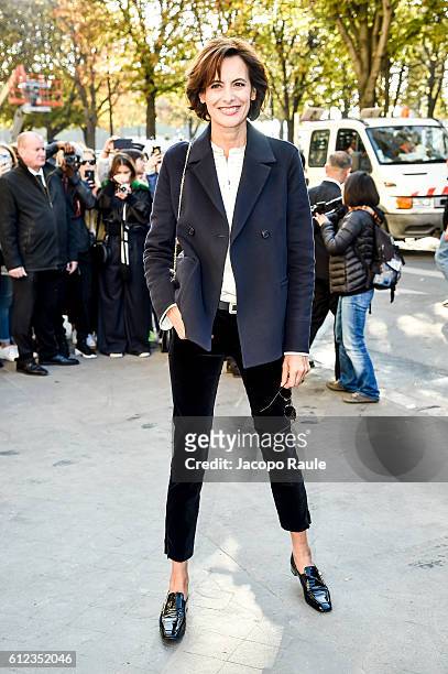 Ines de la Fressange is seen arriving at Chanel Fashion show during Paris Fashion Week Spring/Summer 2017 on October 4, 2016 in Paris, France.