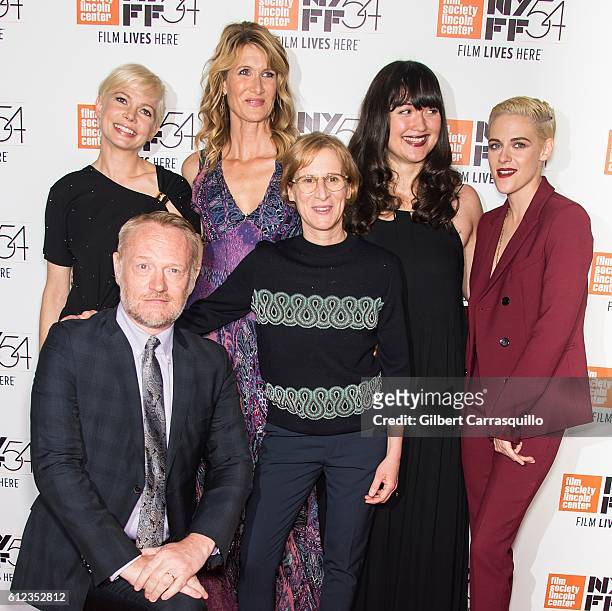 Actors Jared Harris, Michelle Williams, Laura Dern, Lily Gladstone and Kristen Stewart pose with Director Kelly Reichardt attend the 'Certain Women'...