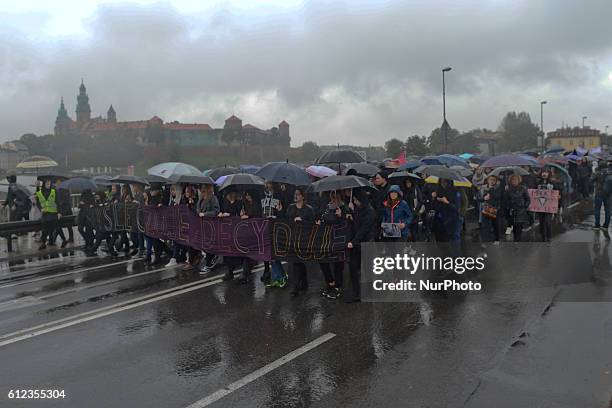 Pro-Choice protesters on Debnicki Bridge, in Krakow's center, as thousands of women protested today in Krakow city center during a 'Black protest'....