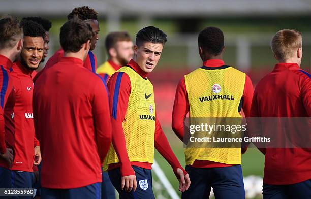 Jack Grealish of England U-21 looks on during a training session at St Georges Park on October 4, 2016 in Burton-upon-Trent, England.
