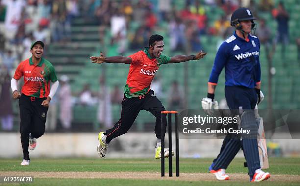 Ebadat Hossain of BCB Select XI celebrates dismissing Jason Roy of England during the tour match between Bangladesh Cricket Board Select XI and...