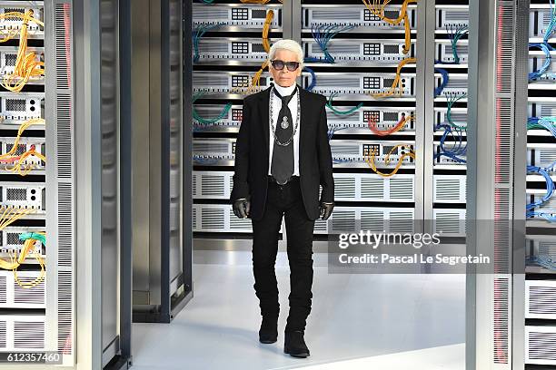 Designer Karl Lagerfeld walks the runway during the Chanel show as part of the Paris Fashion Week Womenswear Spring/Summer 2017 on October 4, 2016 in...