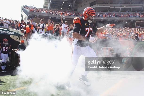 Andrew Whitworth of the Cincinnati Bengals takes the field for the game against the Denver Broncos at Paul Brown Stadium on September 25, 2016 in...