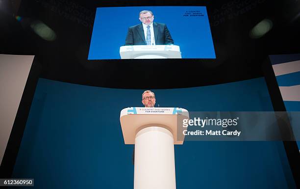 Secretary of State for Scotland David Mundell speaks on stage on the third day of the Conservative Party Conference 2016 at the ICC Birmingham on...