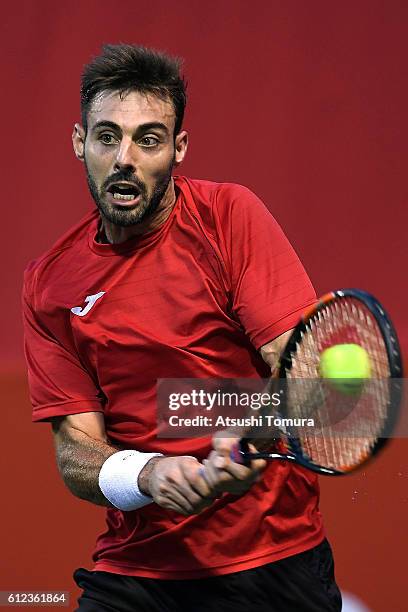Marcel Granollers of Spain in action during the men's singles first round match against Marcos Baghdatis of Cyprus on day two of Rakuten Open 2016 at...