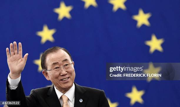 Secretary-General Ban Ki-moon gestures prior a voting session on the UN Climate Change agreement struck in Paris last year at the European Parliament...