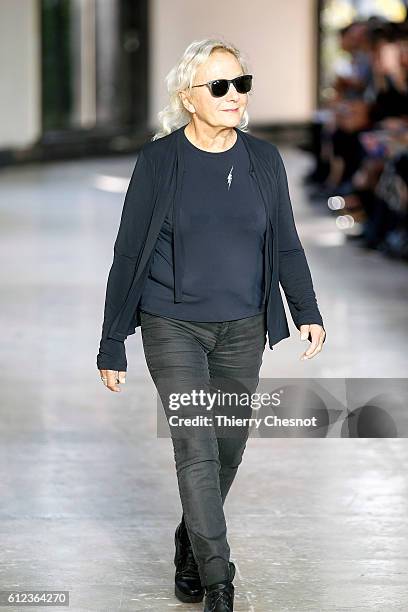 French designer, Agnes Trouble walks the runway after the Agnes B show as part of the Paris Fashion Week Womenswear Spring/Summer 2017 on October 4,...