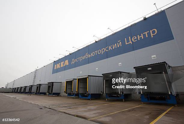 Empty loading bays for goods trucks sit in numbered berths outside the Ikea AB distribution center in Yesipovo village, near Moscow, on Monday, Oct....