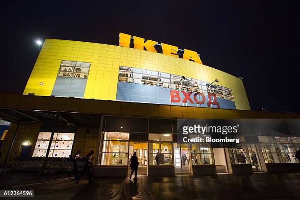 Lights illuminate an Ikea logo above the Ikea AB retail store in Khimki, Russia, on Monday, Oct. 3, 2016. Ikea's Russia unit may spend 100 billion...