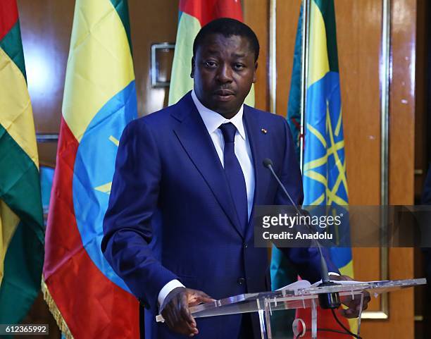 President of Togo Faure Gnassingbe attends a press conference with Prime Minister of Ethiopia Hailemariam Desalegn at National Palace in Addis Ababa,...