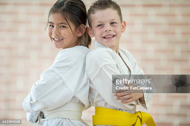 friends learning martial arts - martial arts belt stock pictures, royalty-free photos & images