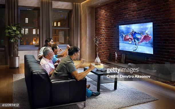 four adult men watching ice hockey game on tv - men's ice hockey stockfoto's en -beelden