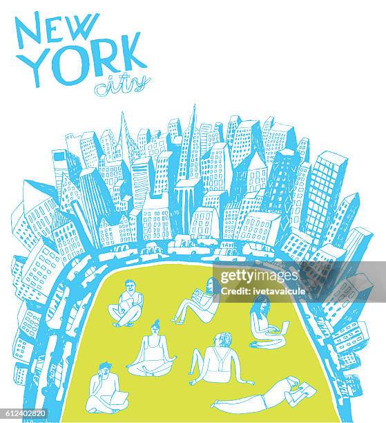 ニューヨーク市セントラルパークで休んで働く人々 - 鉛筆画点のイラスト素材／クリップアート素材／マンガ素材／アイコン素材