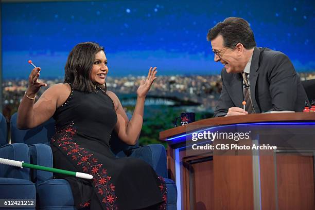 The Late Show with Stephen Colbert with guest Mindy Kaling during Monday's 10/03/16 show in New York.