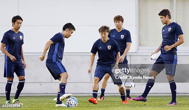 Hiroshi Kiyotake, Shinji Kagawa, Manabu Saito, Takuma Asano and Hiroki Sakai attend Japan's training in Saitama on Oct. 4 two days before a 2018...