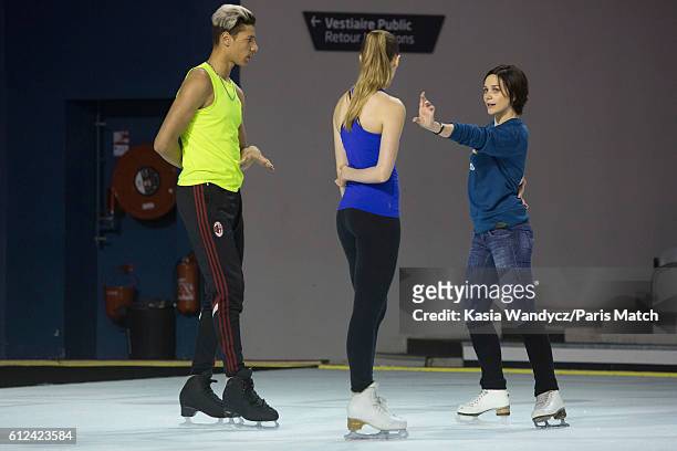 Former ice skating champion Nathalie Pechalat with Justine Scache and Arnaud Caffa are photographed for Paris Match on June 24, 2016 in Paris, France.
