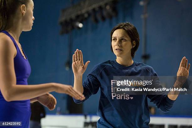 Former ice skating champion Nathalie Pechalat with Justine Scache and Arnaud Caffa are photographed for Paris Match on June 24, 2016 in Paris, France.