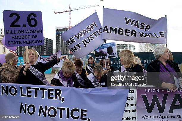 Pressure group protests about womens pension rights outside the Conservative Party Conference 2016 at the ICC Birmingham on October 4, 2016 in...