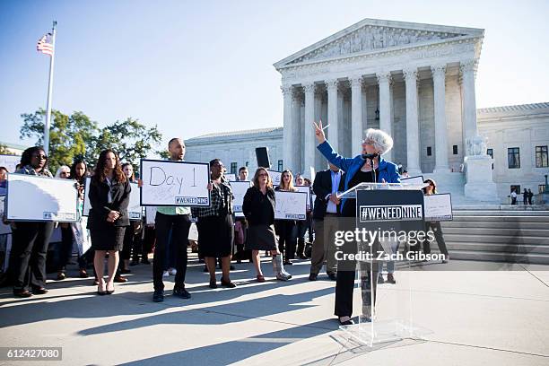 People for the American Way Executive Vice President Marge Baker speaks during a rally urging the U.S. Senate to hold a confirmation vote for Supreme...